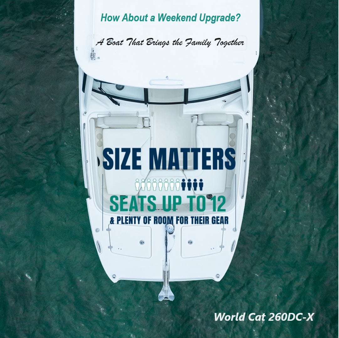 World Cat 260DC-X anchored in a tropical cove with people fishing, snorkeling, and relaxing.